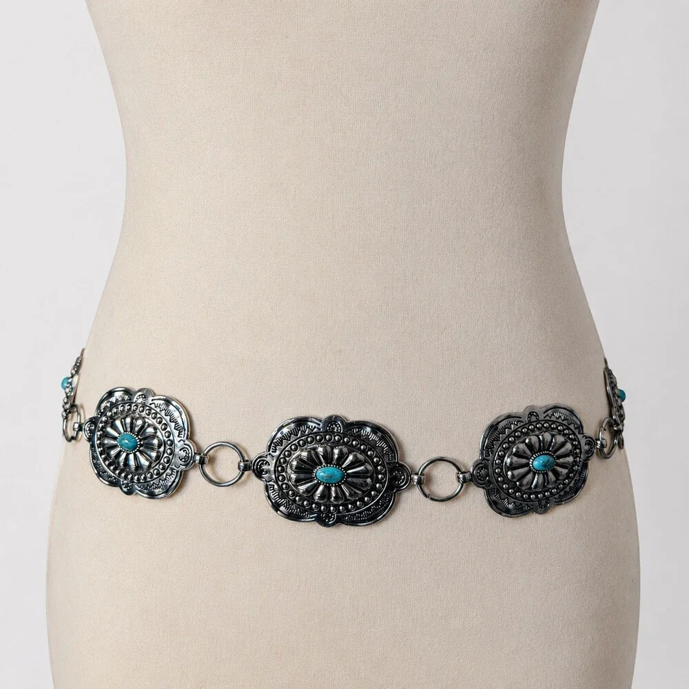 Vintage Cowgirl Silver Oval Concho Turquoise Waist Belt Retro Country Western